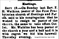 Watkins, Rev. F. H. (ResignationHastings,NY)